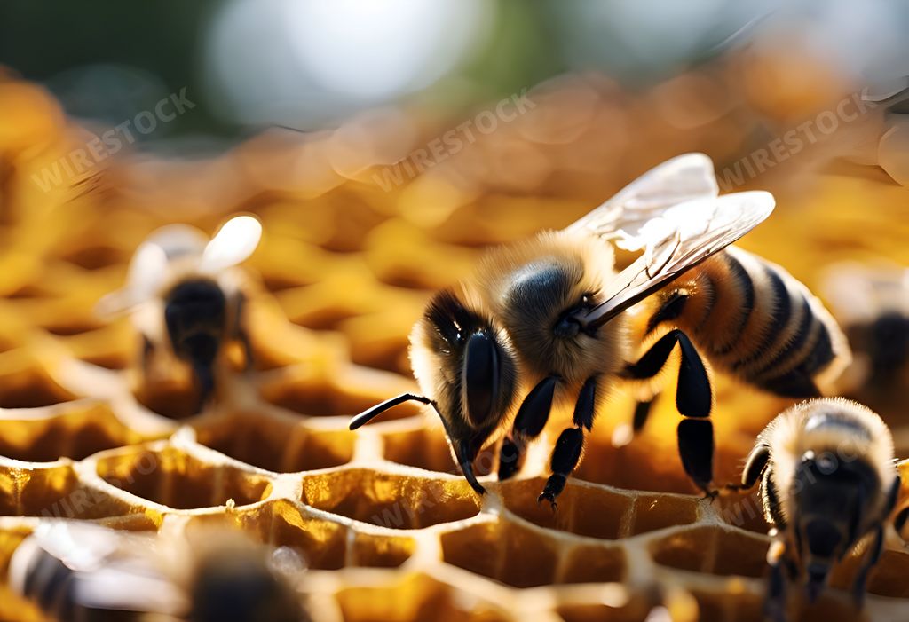 An AI-generated illustration of a Closeup view of bees in a beehive