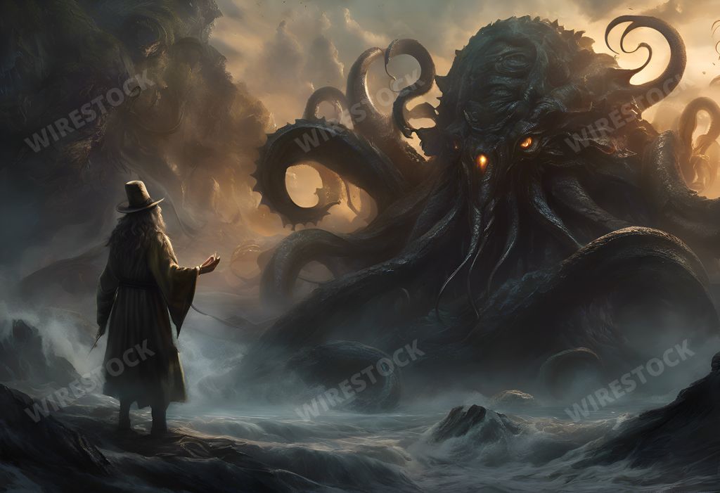 An AI generated illustration of A brave individual fearlessly confronts colossal, mythical beasts