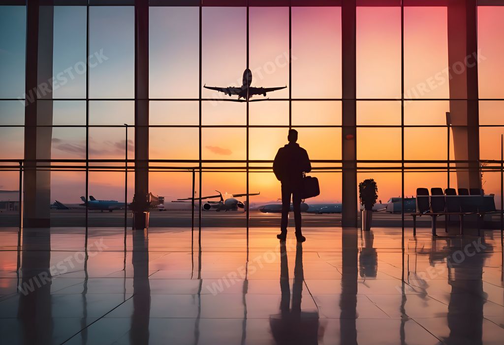 An AI generated illustration of Man strolling in airport lobby during sunset