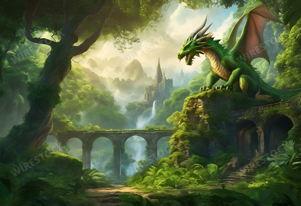 An AI generated illustration of A fearsome dragon stands atop a castle perched atop a lush jungle landscape