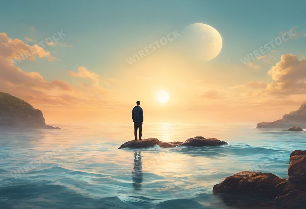An AI generated illustration of Man standing on rocks by water at sunset, gazing at horizon