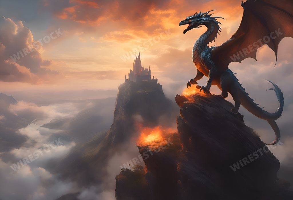 An AI generated illustration of An AI generated illustration of Majestic dragon on cliff with castle and clouds in background