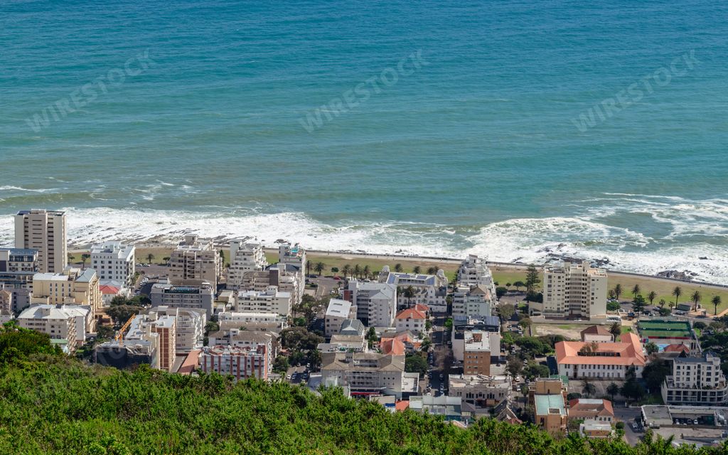 An aerial view of a coastal city