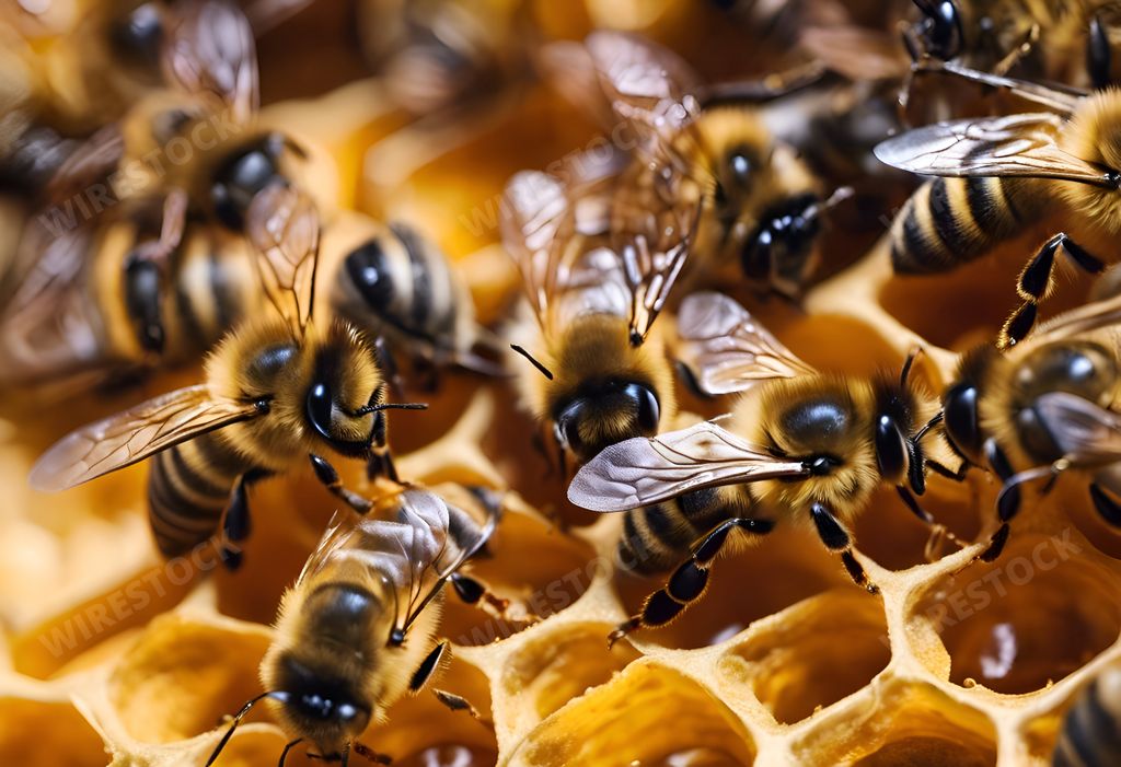 An AI generated illustration of a closeup of bees in a beehive