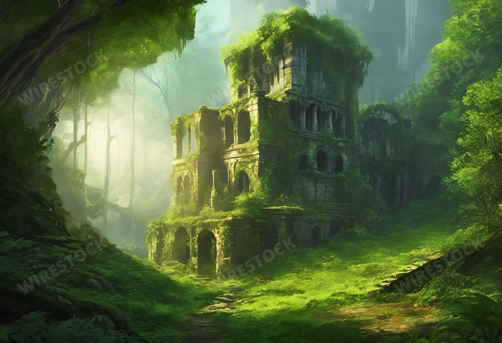 An AI generated illustration of A hauntingly beautiful image featuring a deep, dark forest with ancient ruins and lush foliage on the side