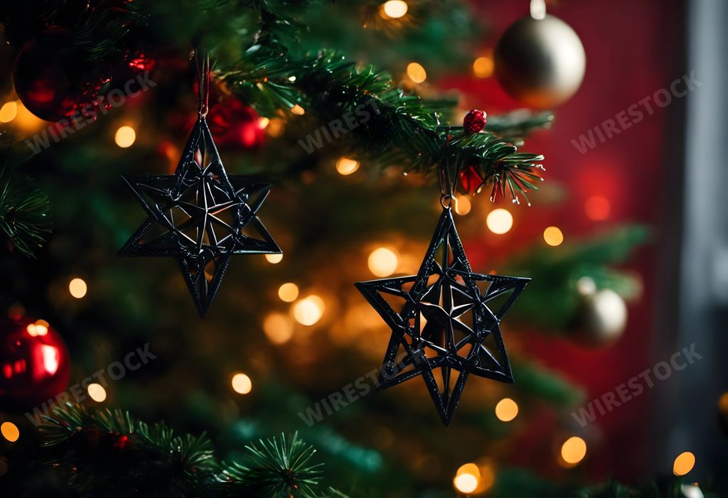 An AI generated illustration of a wooden pentagram hanging from a festive Christmas tree