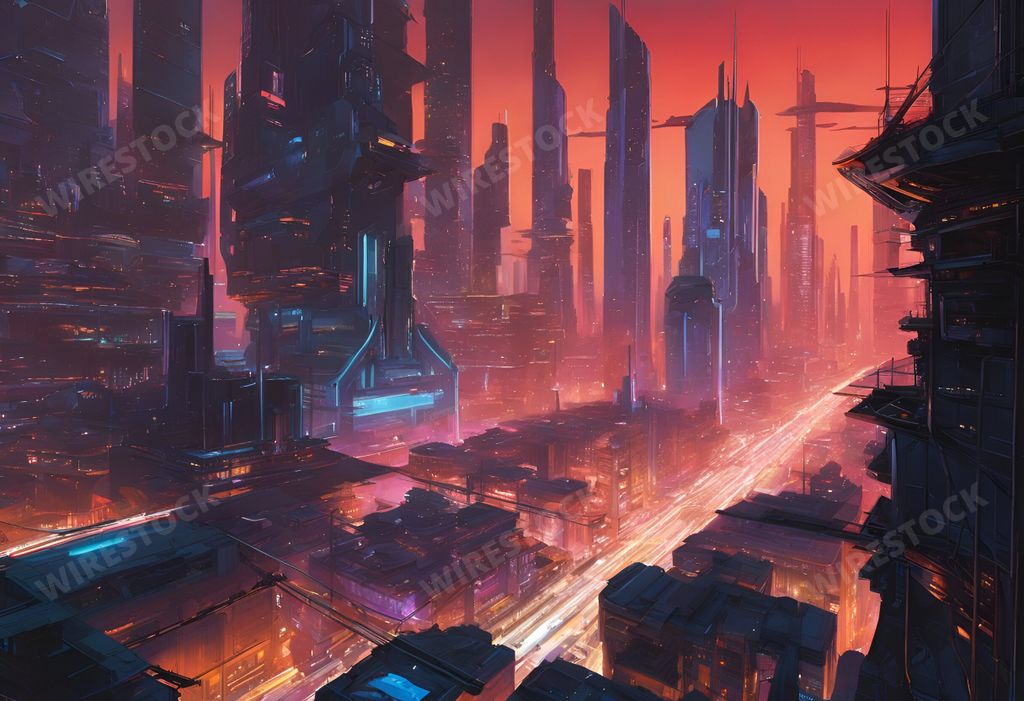 An AI generated illustration of Urban skyline with skyscrapers on both sides creating a city in the sky