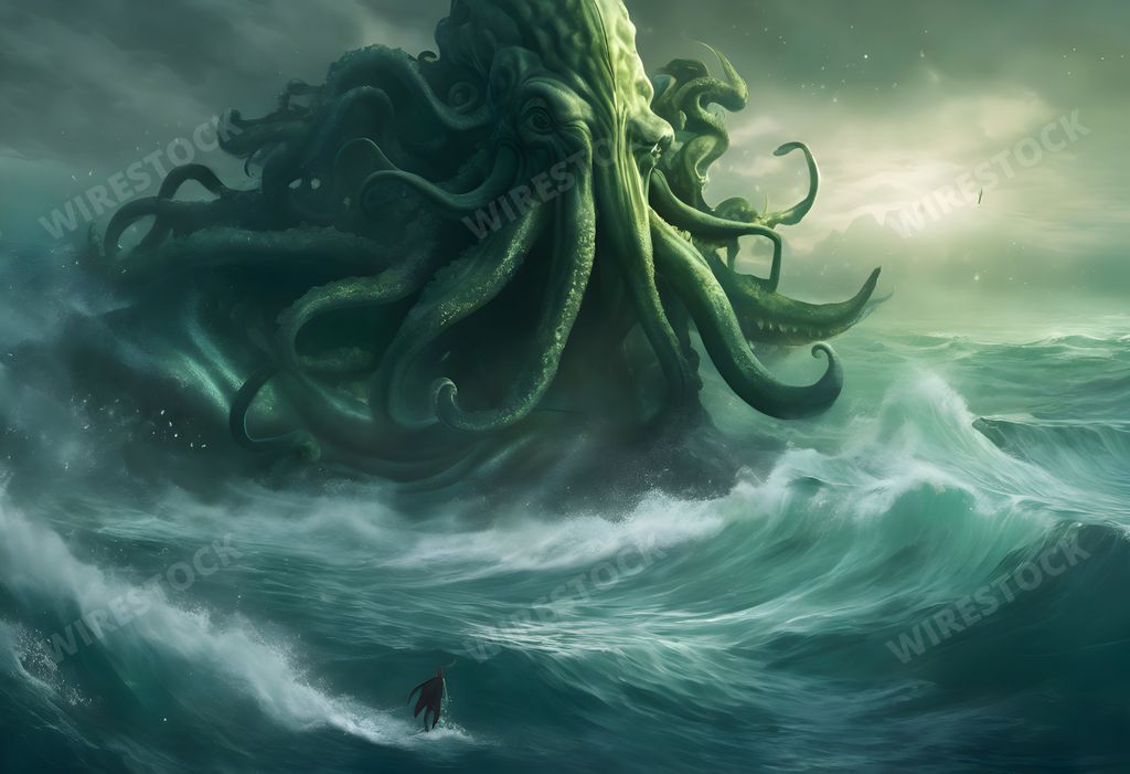 An AI generated illustration of Giant octopus gracefully glides atop a massive wave near a picturesque lighthouse