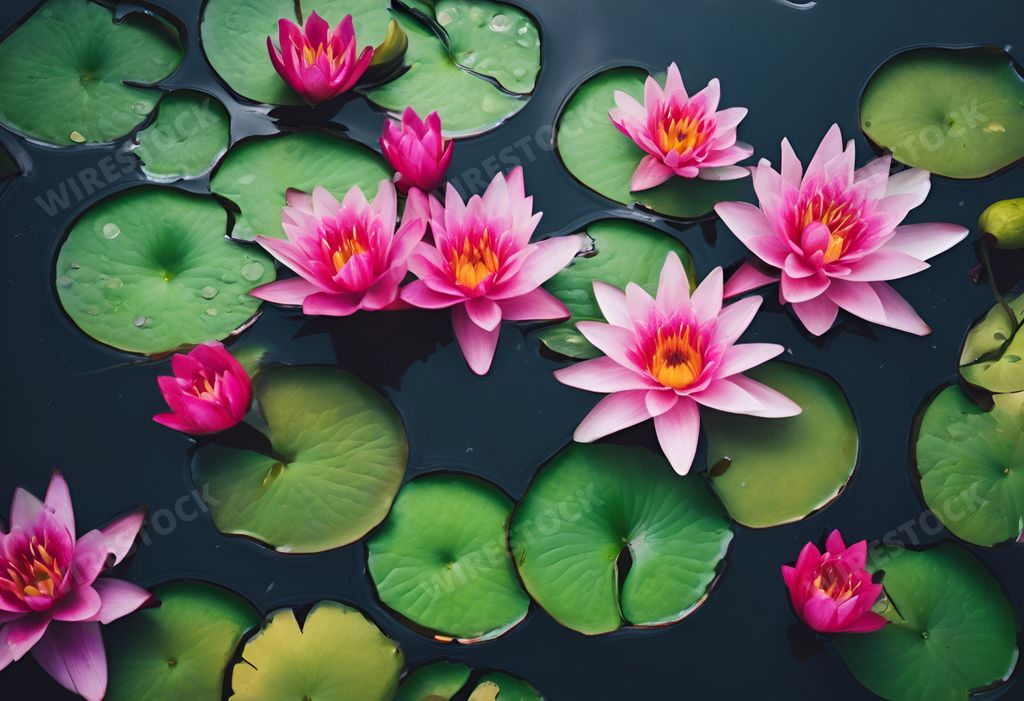 An AI generated illustration of Pink water lilies and lily pads on water surface