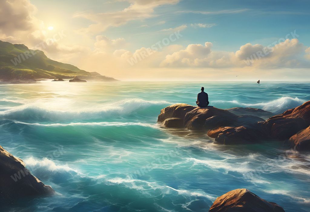 An AI generated illustration of A person sitting on rocks by the water on a beach