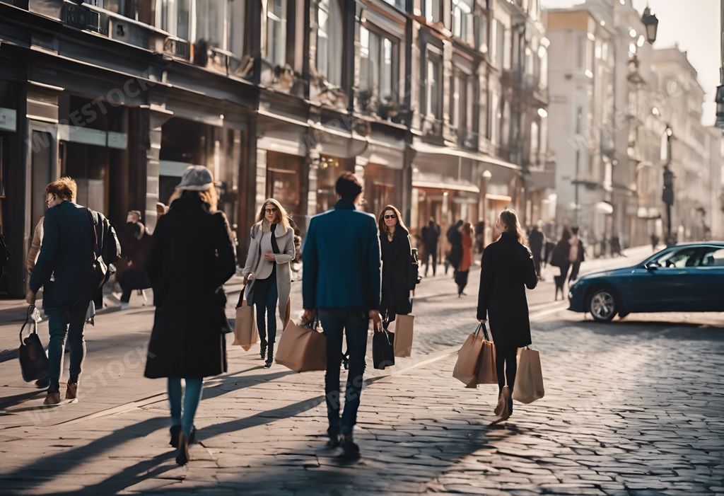 An AI generated illustration of Crowd of people carrying bags walk down busy city street