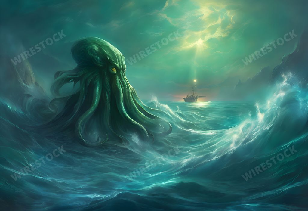 An AI generated illustration of Octopus with tentacles emerging from the water, positioned before a ship