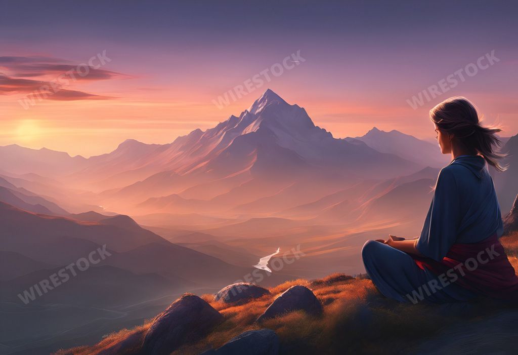 An AI generated illustration of Woman practicing yoga in a meditative pose on a mountain summit