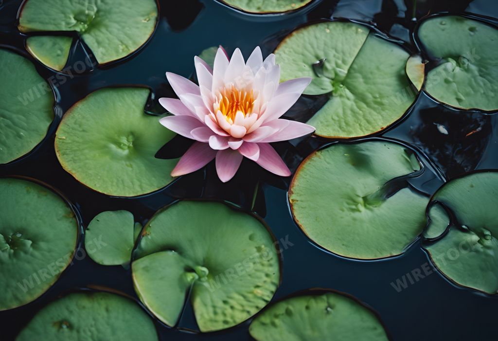 An AI generated illustration of Pink flower surrounded by green leaves floating in a pond covered with foliage