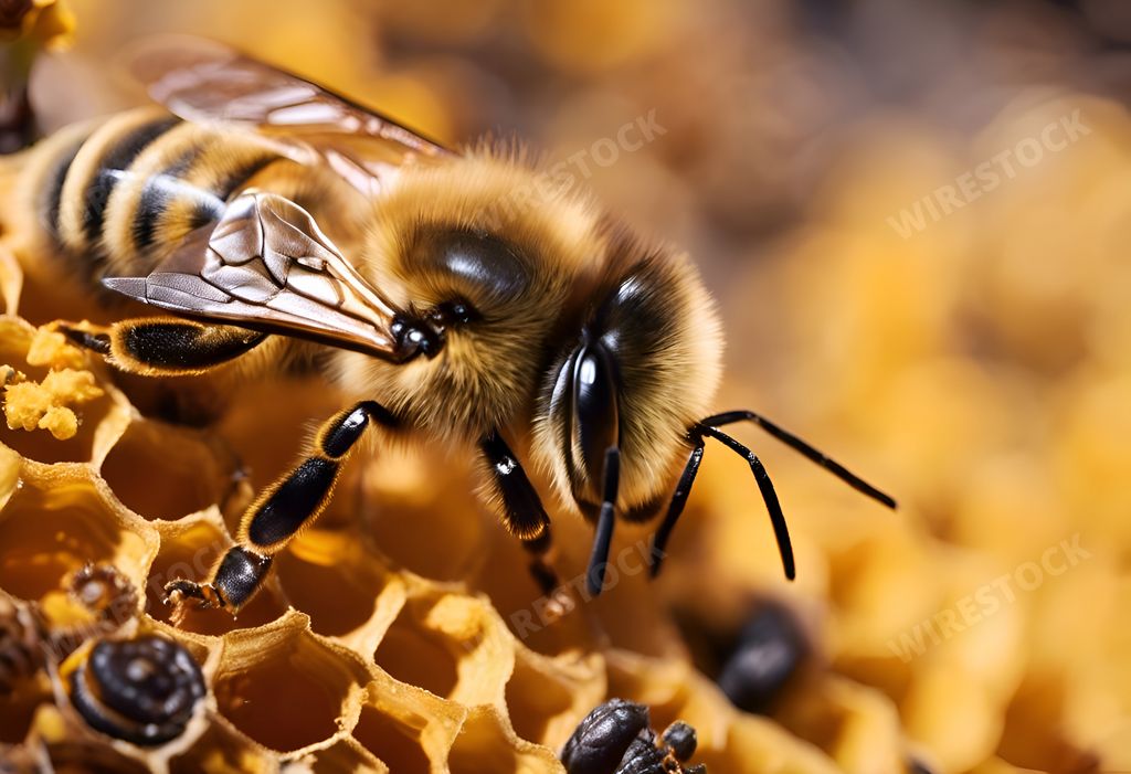 An AI generated illustration of a closeup of bees in a beehive