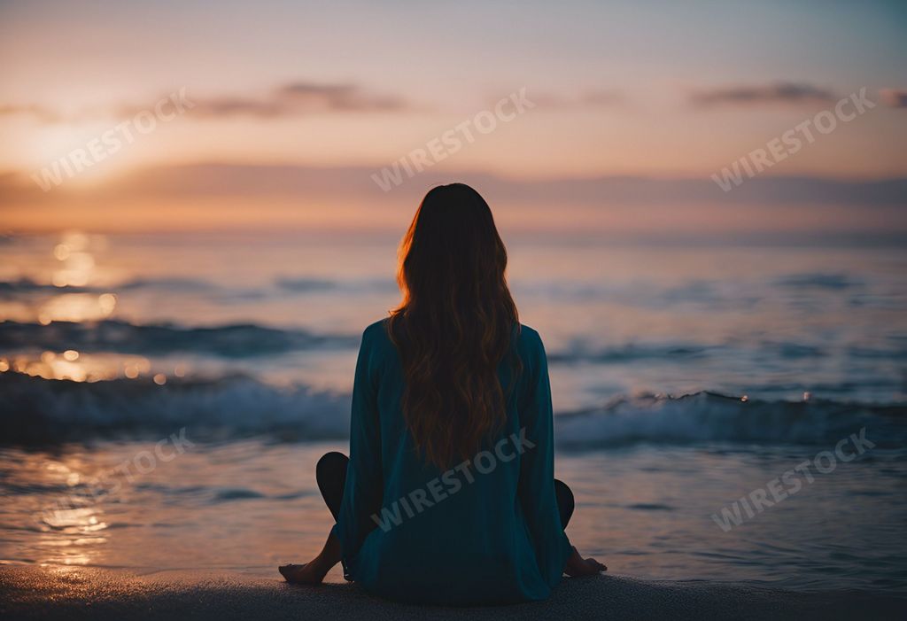 An AI generated illustration of A woman sitting on the beach, gazing at the ocean horizon