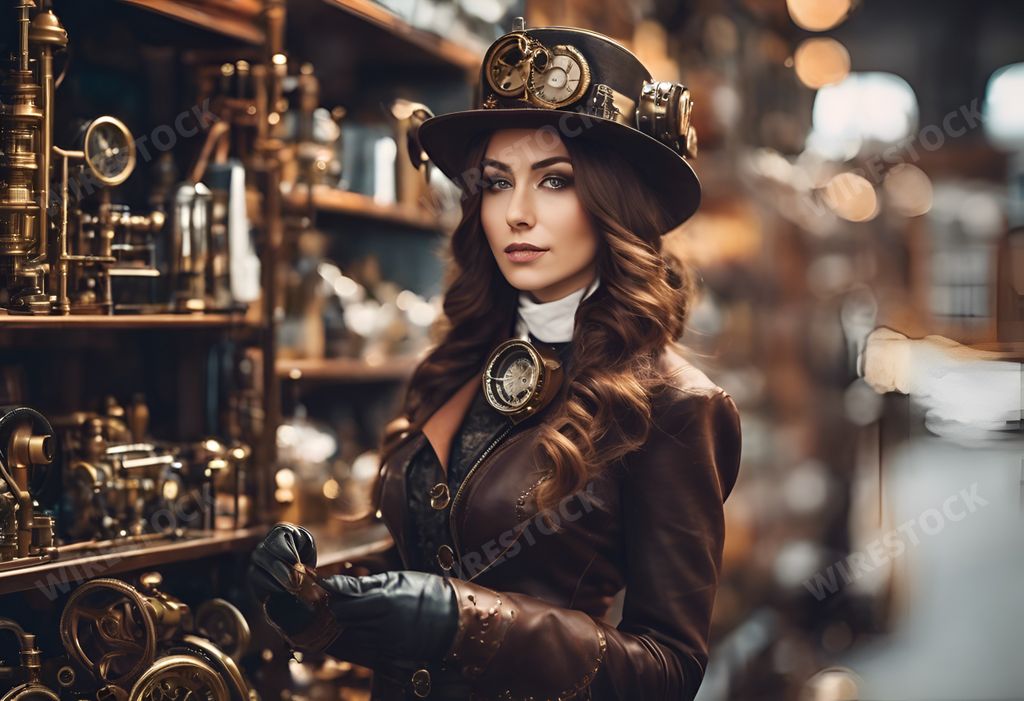 An AI generated illustration of Premium image of a young woman in a steampunk outfit at a shop