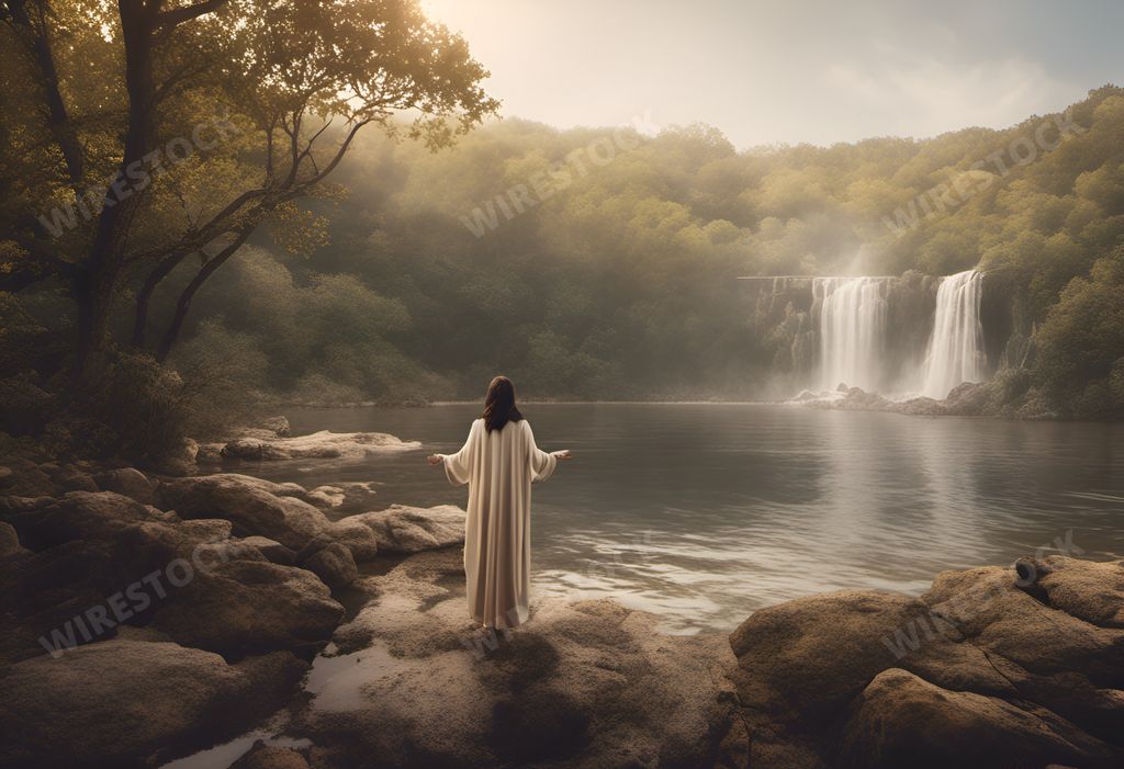 An AI generated illustration of Jesus stands gracefully at the base of a waterfall, his hands raised in a peaceful gesture