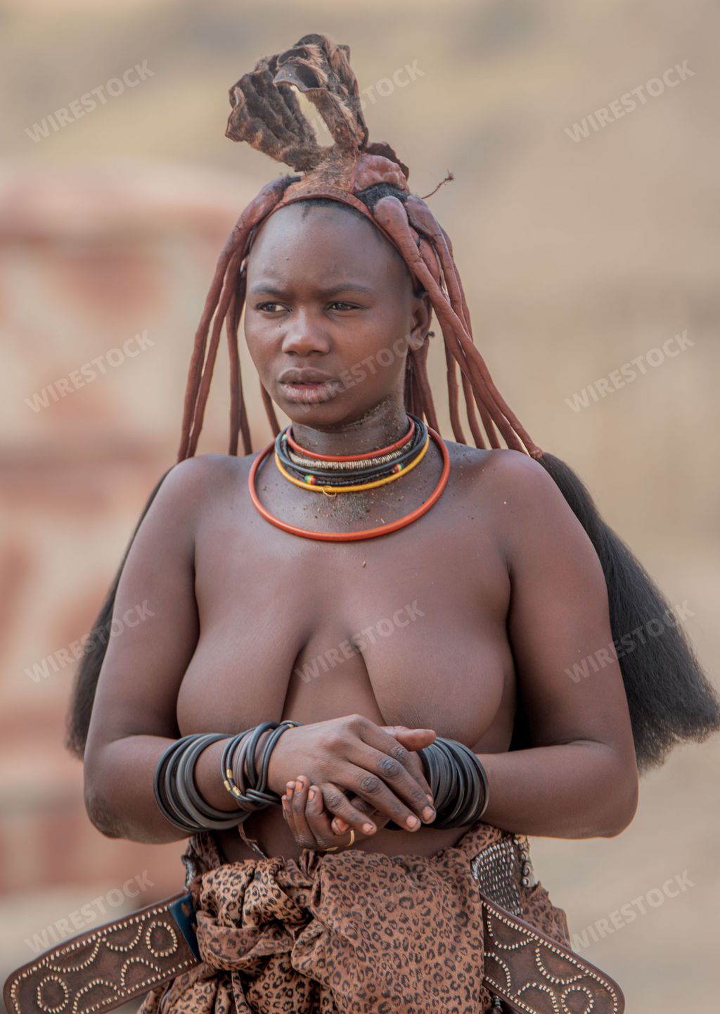 Portrait of a Himba tribe woman wearing traditional clothing and jewelry against a desolate natural background