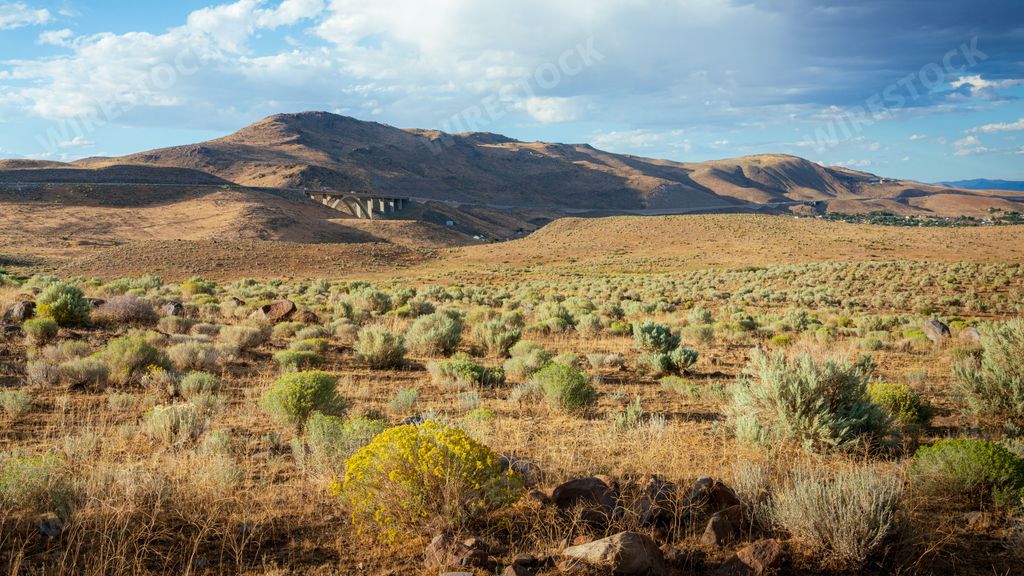 An aerial view of a desert under blue cloudy sky near Reno, Nevada
