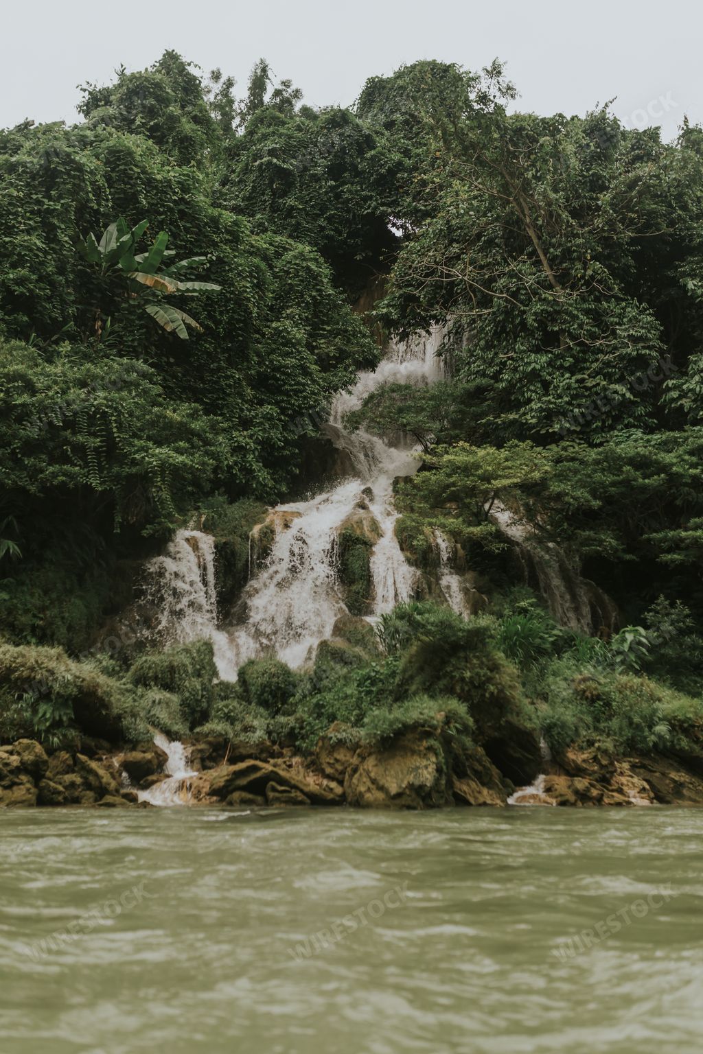 A vertical shot of a beautiful waterfall in the green forest flowing down to the river