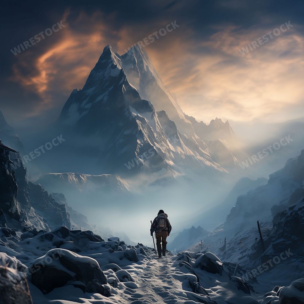 An AI generated illustration of A man in a black Elder Scrolls coat is trekking up a steep, snow-covered mountain slope