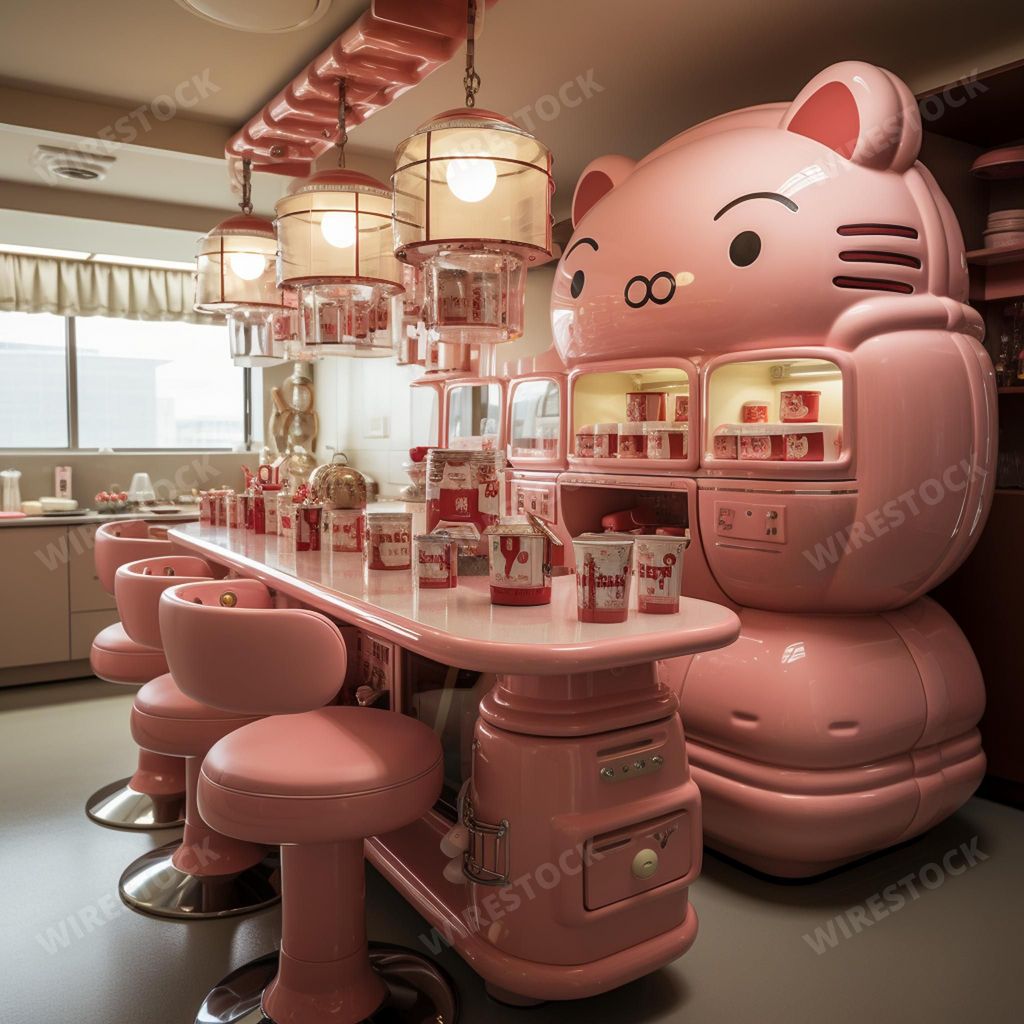 An AI generated illustration of This colorful image showcases a cheerful Hello Kitty-themed candy counter