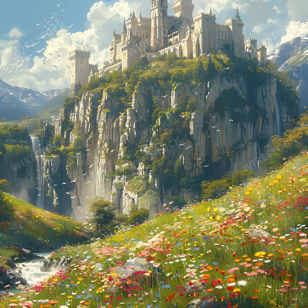 An AI illustration of a stunning fantasy castle perched on a cliff with a vibrant flower field and waterfall in the foreground under a clear blue sky.