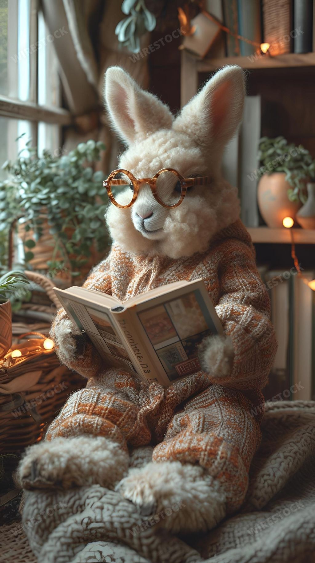 A stuffed bunny immersed in a book, sitting near a window, amidst lush potted plants, AI-generated.