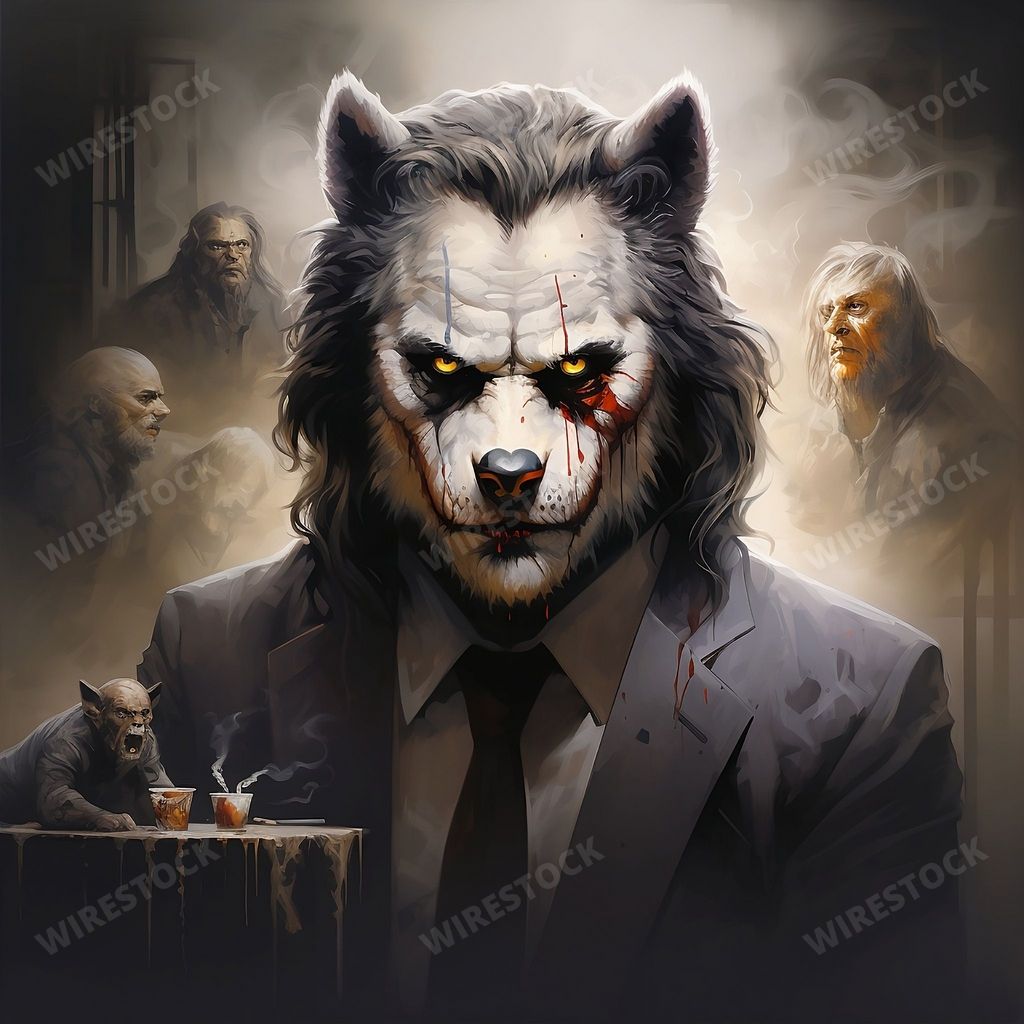 An AI generated illustration of An image of a werewolf dressed as a bear with a face covered in blood