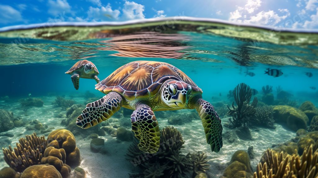 An AI generated illustration of a beautiful sea turtle swimming gracefully through the ocean's crystal blue waters