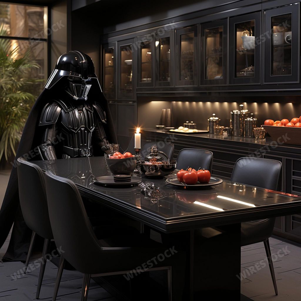 An AI generated illustration of Darth Vader sitting in a modern kitchen