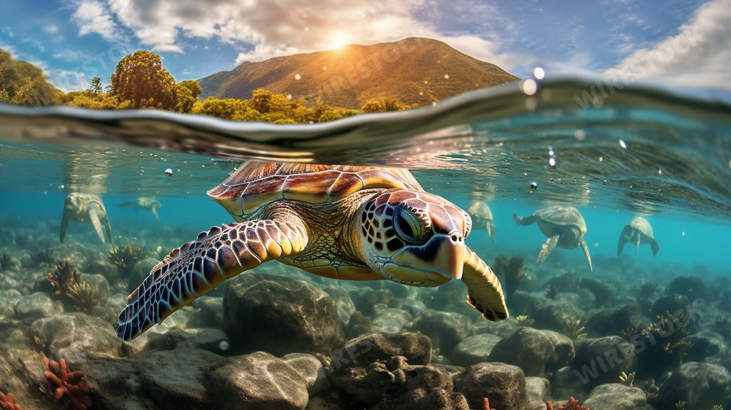 An AI generated illustration of a beautiful sea turtle swimming gracefully through the ocean's crystal blue waters