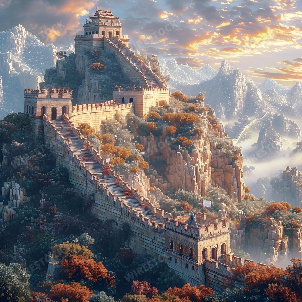 An AI generated illustration of an aerial view of picturesque old mountain town, the Great Wall, during autumn
