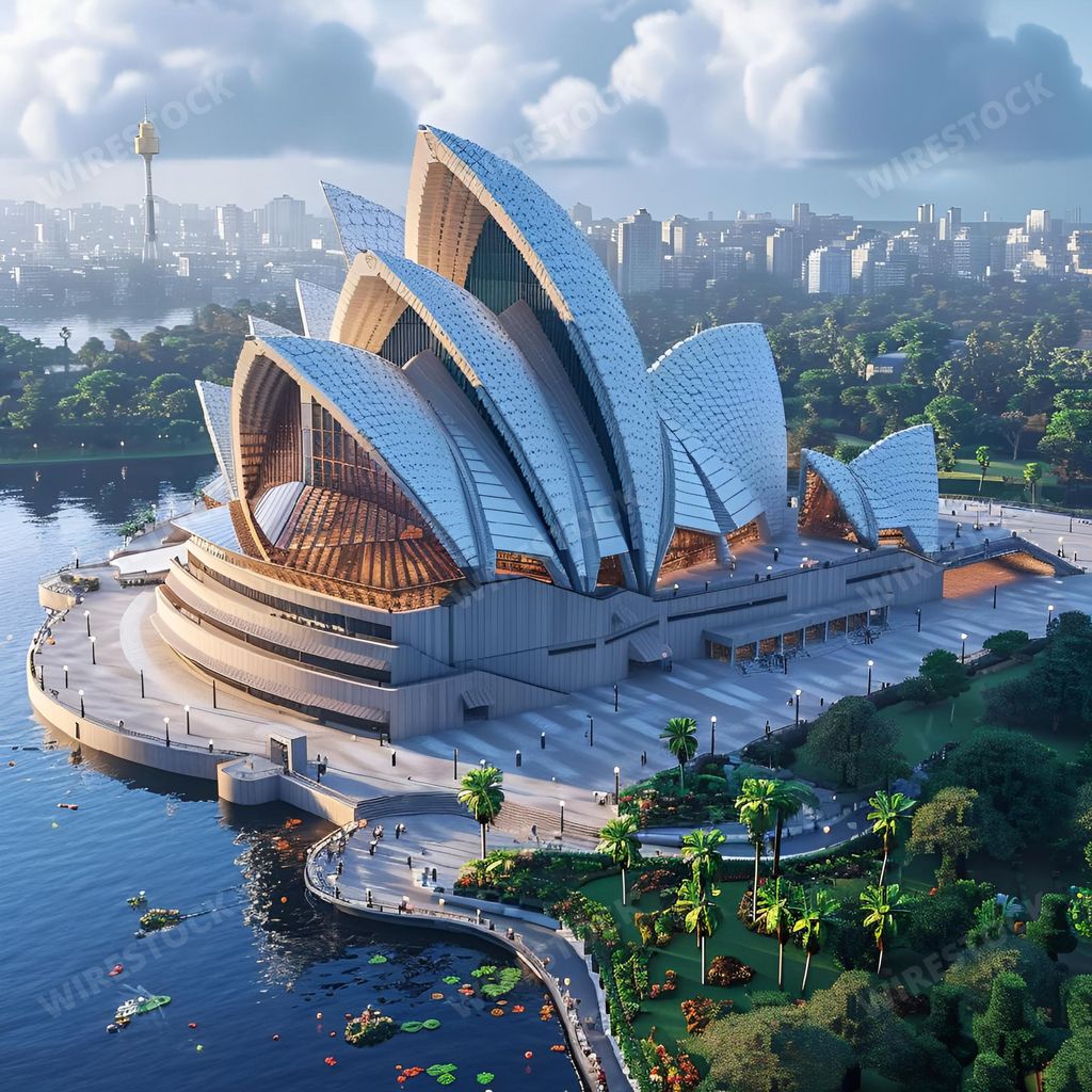 An AI generated illustration of an aerial view of a Sydney Opera House