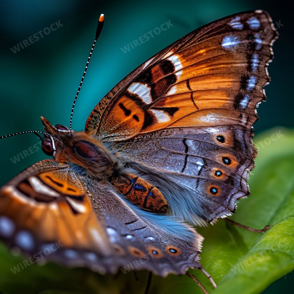An AI generated illustration of a butterfly on the underside of a plant leaf featuring black and white spots