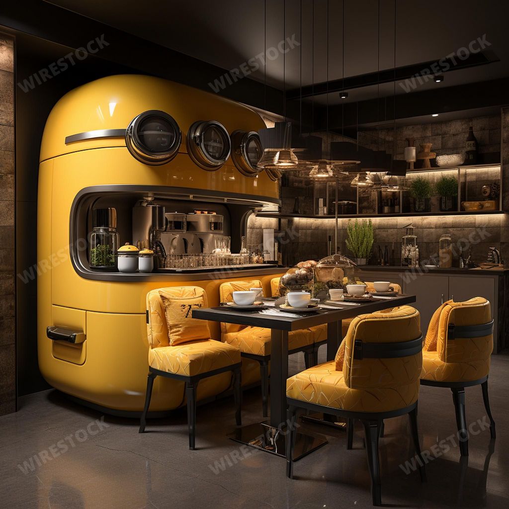 An AI -generative illustration of a modern kitchen space with a bright yellow color palette