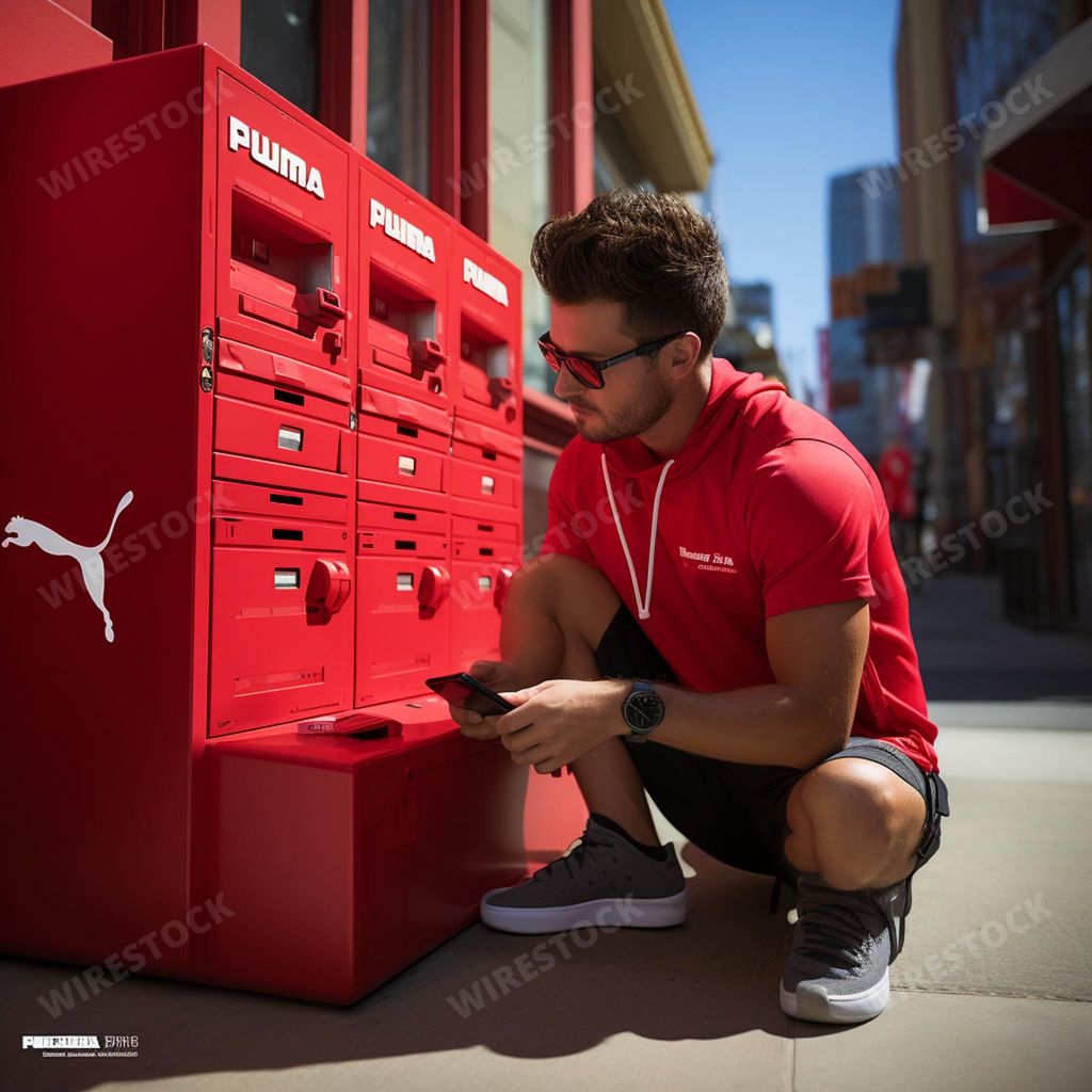 An AI generated illustration of A handsome man in a smart suit crouching down to inspect a red storage container filled with smaller red boxes