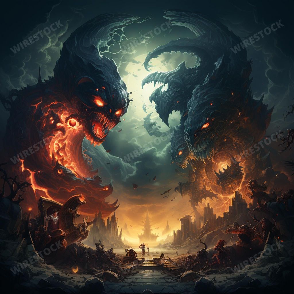 A chaotic collision of good vs evil, AI-generated.