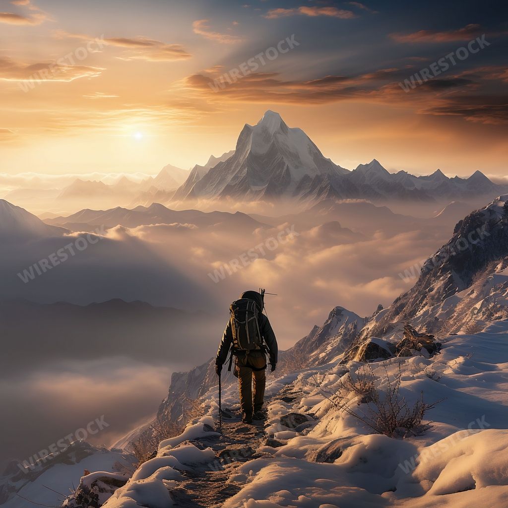An AI generated illustration of A young adult male standing atop a rocky mountain peak, outfitted with a backpack, surveying the landscape