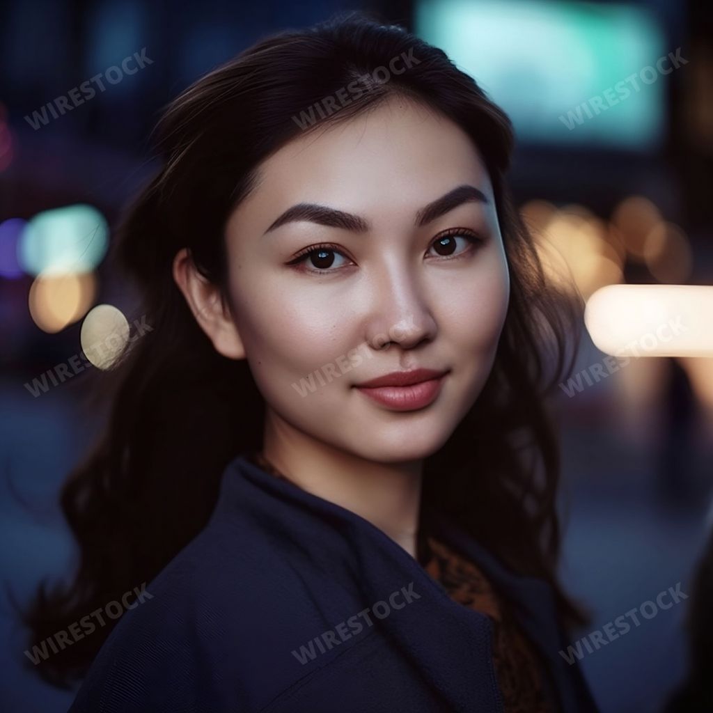 An AI generated illustration of A beautiful Asian woman stands on a wet street looking at the camera