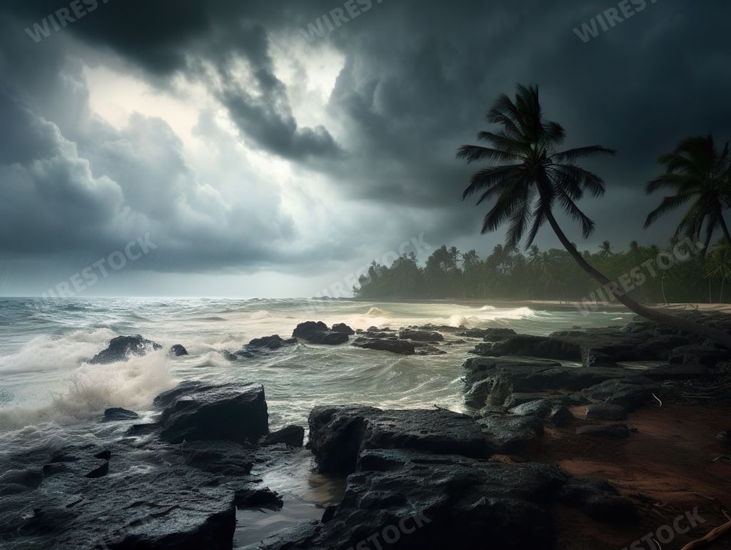 An AI generated illustration of a stormy beach scene with the cloudy sky and wavy waters