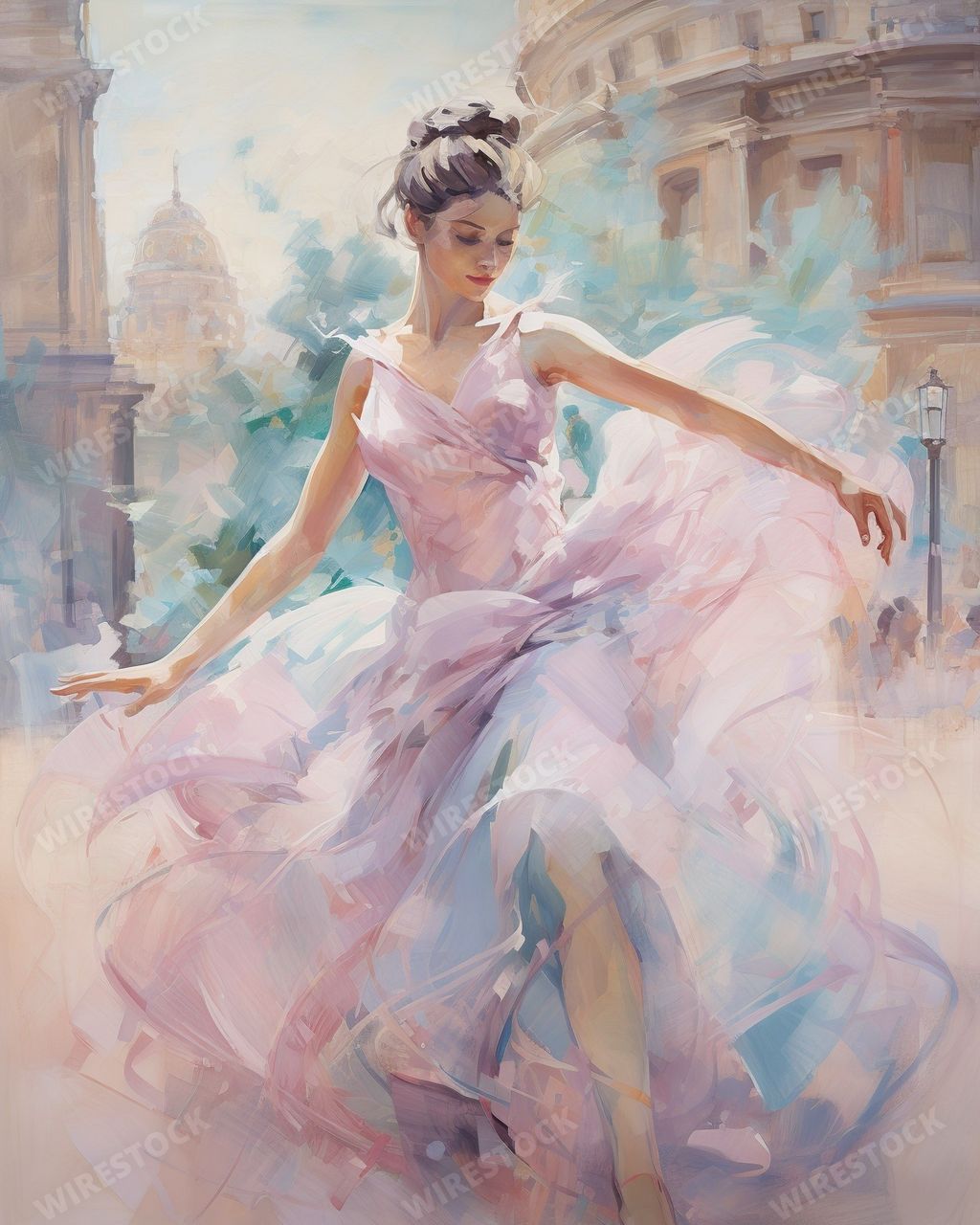 An AI generated illustration of an oil painting of a woman wearing a vibrant pink dress dancing on a street