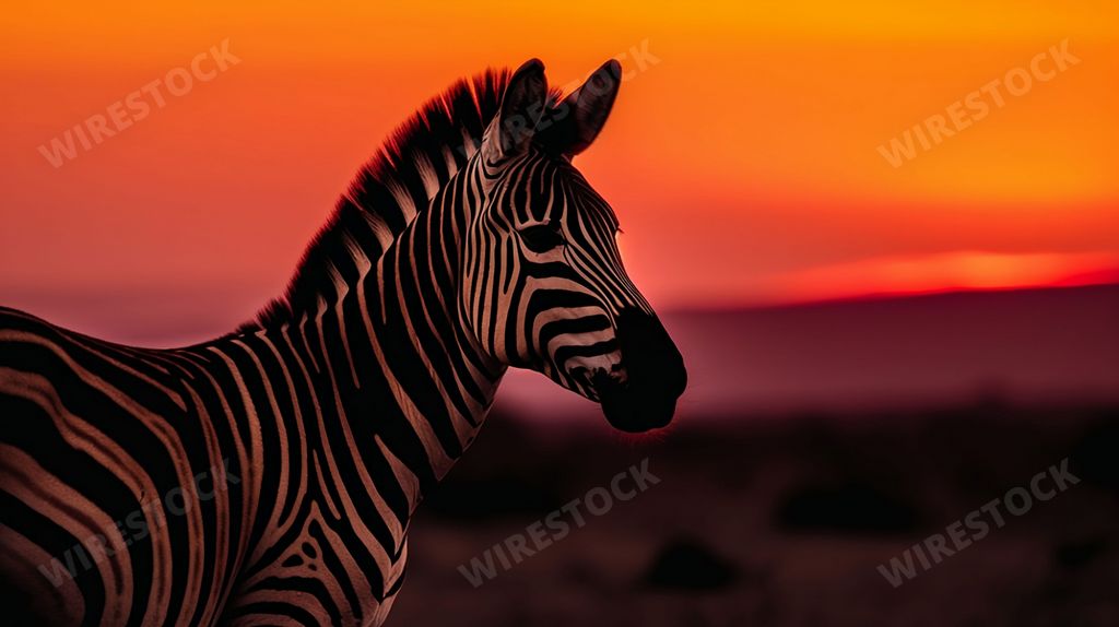 An AI generated illustration of an African Zebra looking off into the distance in a captivating golden sunset
