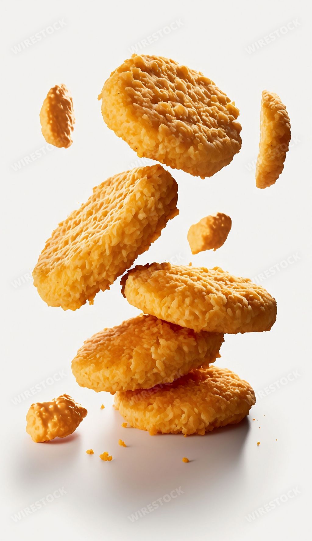 An AI generated illustration of a heap of fresh crispy chicken nuggets on a white background