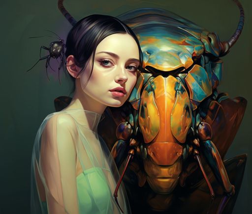 Ariadne Designs.ai | a woman with an insect on her head and a demon face