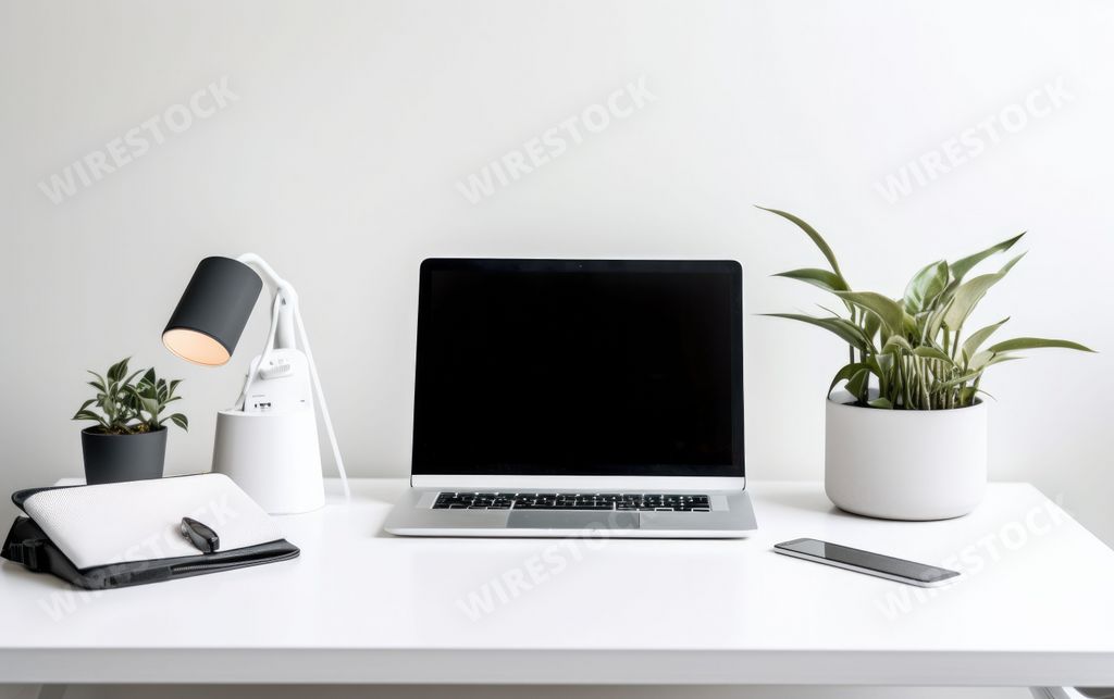 An AI-generated illustration of a laptop on a minimalistic work desk at home