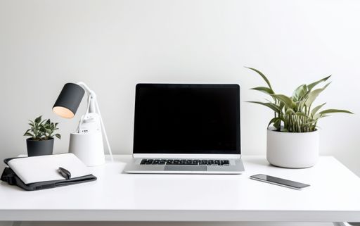 An AI-generated illustration of a laptop on a minimalistic work desk at home