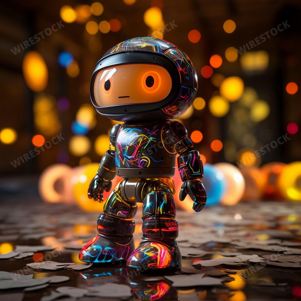 An AI-generated illustration of A small plastic figurine standing atop a wooden table surrounded by coins