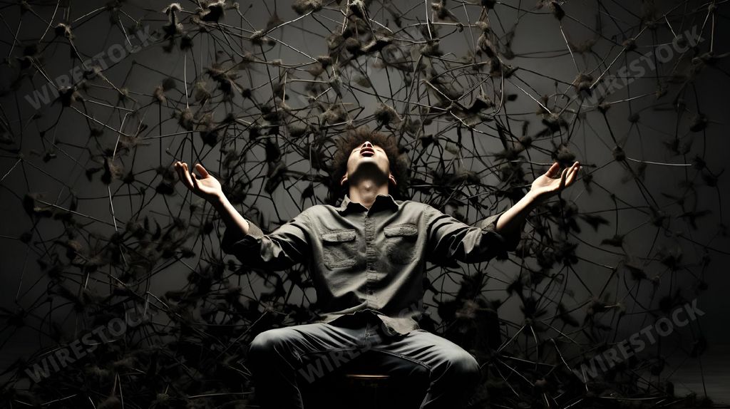An AI generated illustration of A mature man is standing atop a wooden platform with arms spread wide open, looking up to the sky